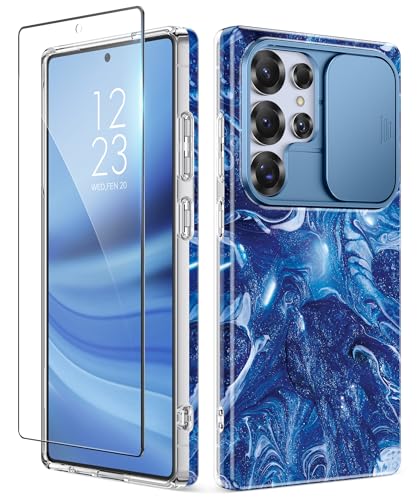 GVIEWIN for Samsung Galaxy S25 Ultra Case with Slide Camera Cover, [Screen Protector] [Shockproof Military Grade Drop Protection] Marble Slim Fit Hard PC Phone Cover S25 Ultra 6.9" 2025 (Star Abyss) - color: D-Star Abyss/Blue, size: For Galaxy S25 Ultra 6