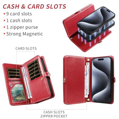 Asuwish Phone Case for iPhone 15 Pro 6.1 inch Zipper Wallet Detachable Cell Cover with Tempered Glass Screen Protector Wrist Strap Mandala Flower Credit Card Holder i Phone15 i15 15Pro Women Men Red - color: Red