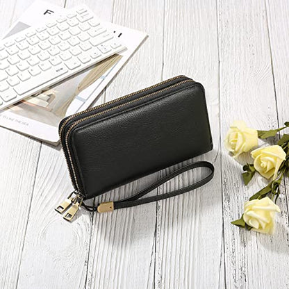 GAEKEAO RFID Leather Wristlet Wallet for Women with Grip Strap | Large capacity clutch wallet, credit card holder, wrist strap, zipper purse, travel and shopping - color: A03 Retro Black