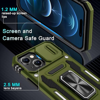 DEERLAMN Case for iPhone 15 with Slide Camera Cover + Screen Protector (2 Packs), Rotated Ring Kickstand Military Grade Shockproof Protective Cover-Olive Green - color: Olive Green