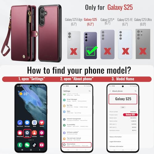 Defencase for Galaxy S25 Case Wallet Compatible with Magsafe 6.2", Wine Red | Magnetic Detachable, with RFID Bolcking Card Holder, Zipper Strap, PU Leather Drop-Proof Phone Cover for Samsung Galaxy S25 - color: (Detachable with Magsafe)-Wine Red