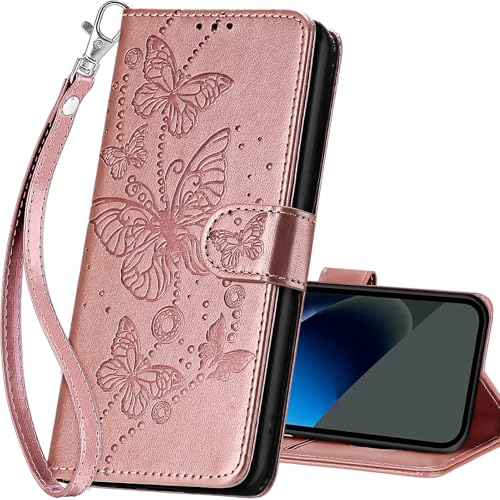 for Google Pixel 10a Wallet case, Rose Gold-Butterfly | 3 Card Holders, Kickstand, Shockproof TPU Shell, PU Leather, Magnetic Closure, Protective Flip Folio Cover, Women - color: 6