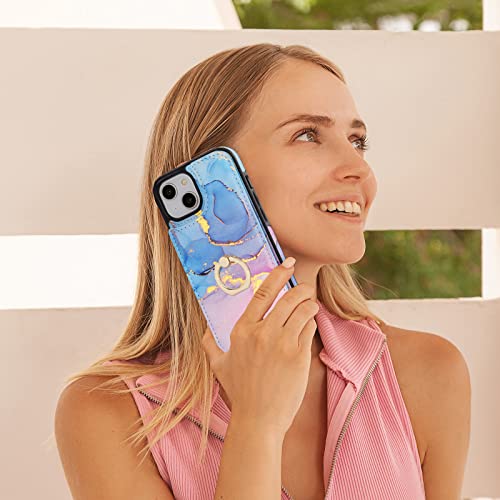 HAOPINSH for iPhone 13/ iPhone 14 Wallet Case with Card Holder, 360°Rotation Ring Kickstand, Pink Blue Marble Pattern, RFID Blocking Leather for Girls Women, Double Buttons Protective Cover 6.1" - color: Pink Blue Marble