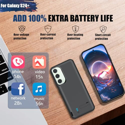 Battery Case for Samsung Galaxy S24+ / S24 Plus, 5000mAh Rechargeable Extended Battery Charging Charger Case, Add 100% Extra Juice, Not Compatible with S24 or S24 Ultra (6.7 inch) Black