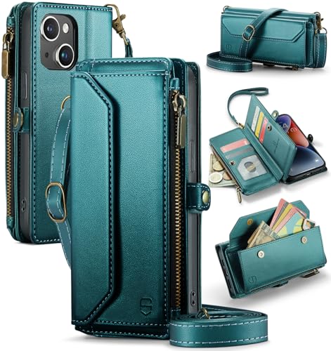 Strapurs Wallet Case Compatible with iPhone 14 RFID Blocking 7-Card Holder Soft PU Leather Magnetic Snap Shoulder Strap Zipper Pocket Phone Case Fit for iPhone 14 for Women 6.1" - Blue Green | RFID Blocking 7-Card Holder, Shoulder Lanyard, Wirst Strap, Zi