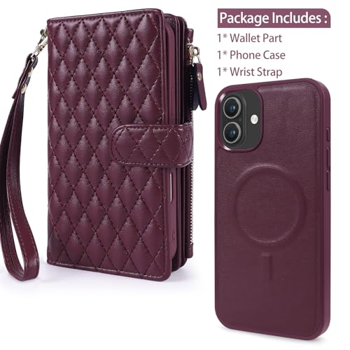 Harryshell 2 in 1 for iPhone 17 6.3 inch Wallet Case Magnetic Compatible with Magsafe RFID Blocking Card Holder Detachable Phone Cover Zipper Purse Kickstand Wrist Strap Men Women Quilted Burgundy - color: Quilted Burgundy, size: iPhone 17