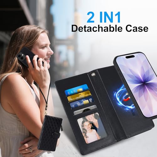 Harryshell 2 in 1 for iPhone 17 6.3 inch Wallet Case Magnetic Compatible with Magsafe RFID Blocking Card Holder Detachable Phone Cover Zipper Purse Kickstand Wrist Strap Men WomenQuilted Black - color: Quilted Black, size: iPhone 17