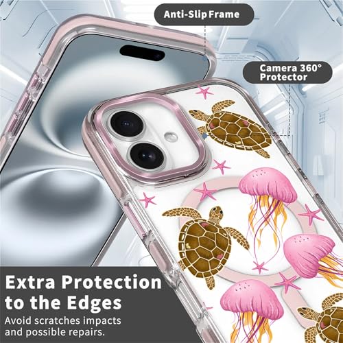 VisEnt Clear Case for iPhone 16, Magnetic Phone Case, Transparent Slim Cover, Military Grade Protection, Shockproof, Anti-Yellowing, Scratch Resistant, Pink Jellyfish Sea Turtle - color: Pink Jellyfish Sea Turtle, size: Iphone 16