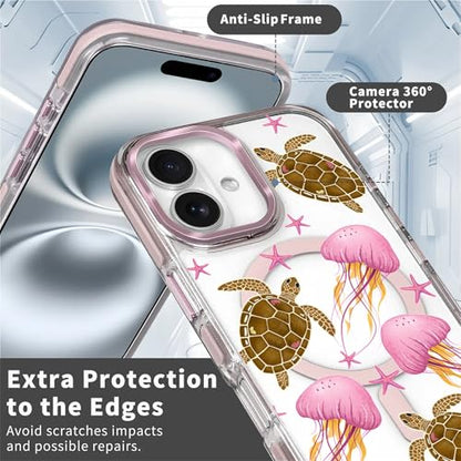 VisEnt Clear Case for iPhone 16, Magnetic Phone Case, Transparent Slim Cover, Military Grade Protection, Shockproof, Anti-Yellowing, Scratch Resistant, Pink Jellyfish Sea Turtle - color: Pink Jellyfish Sea Turtle, size: Iphone 16