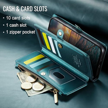 Defencase for iPhone 14 Plus Wallet Case with RFID Card Holder, Blue Green | Durable Soft PU Leather, with Zipper Pocket, Wrist Strap, Fashion Snap Flip Phone Cases Cover with Stand for Women and Men - color: Blue Green