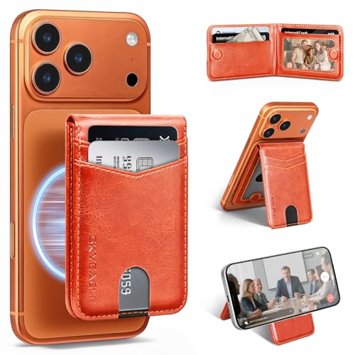 RFID Blocking MagSafe Wallet Stand with Card Holder,5 Card Slots & ID Window,PU Leather Magnetic Phone Adjustable Kickstand for iPhone 12/13/14/15/16/17 Pro Max & Air Plus Series,Orange - color: Orange, style: Stand Wallet