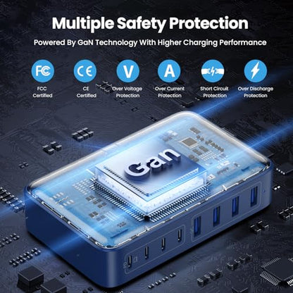 USB C Charger 200W USB C Charger Block,Upgraded GaN III 8-Port Fast Charging Station Hub,PD 65W Laptop Charging Adapter Compatible with MacBook Pro/Air,DELL,Steam Deck,iPhone 16/15/14,Galaxy S23/22 - color: Deep Blue, size: 200W