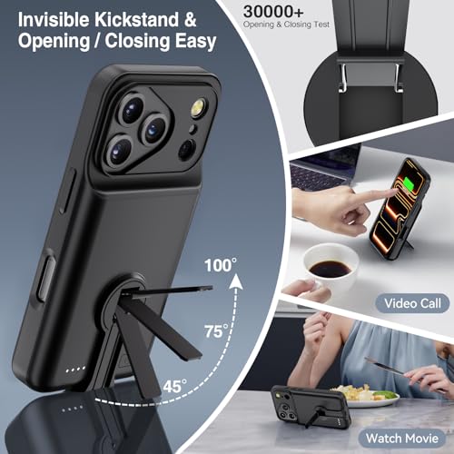 BOPPS Battery Case for iPhone 17 Pro with Stand【Support Carplay】 Slim Powerful 8500mAh Portable Charger Case 360°Protection Rechargeable Extended Charging case for iPhone 17 Pro Black