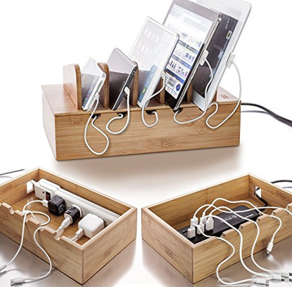 Prosumer's Choice Wooden Charging Station Organizer - 5-Port Base for Phones, Tablets and Laptops - Multi-Device Docking Station with Removable Divider Slots - Cord Box with Cable Management - Bamboo