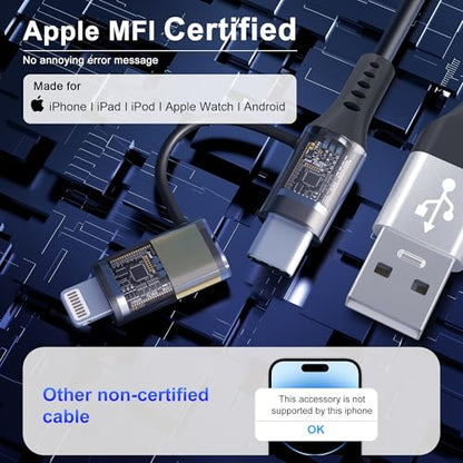 USB to USB-C and Lightning Cable 2 in 1 Coiled Cable Support Carplay & Android Auto [MFi & 3A Fast Charge & Data Sync] Coiled Lightning and USB C Cable for iPhone 17/16/15/14/13/Android, Silver - color: Silver