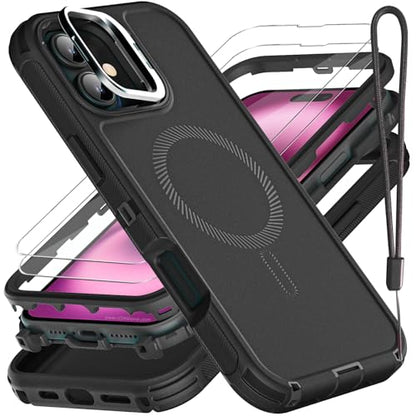 YKHJKLEC for iPhone 16 Plus Case, Military Grade 3 in 1 Heavy Duty Shockproof/Drop Proof/Dust Proof with Kickstand Case, with 2 x Tempered Glass Screen Protector & 1 x Wrist Strap (ZJ-Black/Black) - color: ZJ-Black/Black