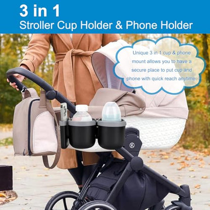 Accmor Stroller Cup Holder with Phone Holder, Bike Cup Holder, Universal Cup Holder for Uppababy Nuna Strollers, 2-in-1 Drinks Holder for Walker, Wheelchair, Scooter - color: Double Holder-Grey