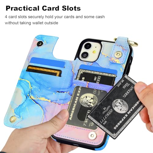 HAOPINSH for iPhone 11 Wallet Case with Card Holder, Pink Blue Marble Print Back Flip Folio PU Leather Kickstand Card Slots Case, Finger Grip Ring Double Magnetic Clasp Shockproof 6.1" - color: Pink Blue Marble Grip Ring