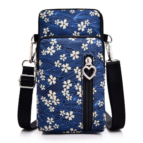 Small Crossbody Bag for Women, Multi Zip Pockets Nylon Wallet Purse Credit Card Holder with Detachable Hand Strap - color: Blue/Floral pattern
