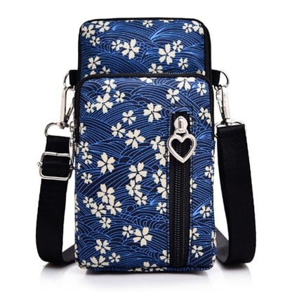 Small Crossbody Bag for Women, Multi Zip Pockets Nylon Wallet Purse Credit Card Holder with Detachable Hand Strap - color: Blue/Floral pattern