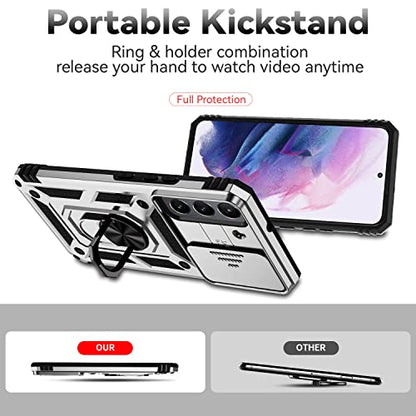 for Samsung Galaxy S22 Case with Camera Lens Cover HD Screen Protector, Dual Layer Military-Grade Drop Tested Magnetic Ring Holder Kickstand Protective Phone Case for Samsung Galaxy S22 5G (Silver) - color: Silver with camera cover Military-Grade 2nd gen