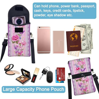 Neoprene Cell Phone Sleeve Pouch Case Bag with Crossbody Strap Neck Lanyard for Women 7.5 X 4.3 in Pink Flower Wall - color: Pink Flower Wall