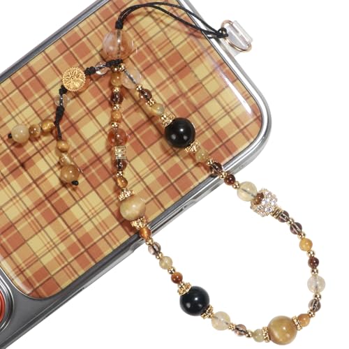 TEAMOLA Natural Stone Phone Charm - Crystal Phone Beaded Wrist Strap - color: Yellow & Black & Gold