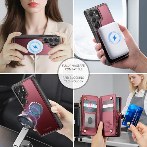 Defencase for Galaxy S23 Ultra Case Wallet Compatible with Magsafe, WineRed | Magnetic Detachable, RFID Bolcking Card Holder, Zipper Strap, PU Leather Drop-Proof Phone Cover for Samsung Galaxy S23 Ultra - color: (Detachable with Magsafe)-Wine Red