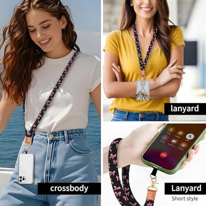 Phone Lanyard Crossbody Wrist Strap, Universal Adjustable Neck Strap for Phone Case Keys ID Badges - color: Pink Black Bowtie
