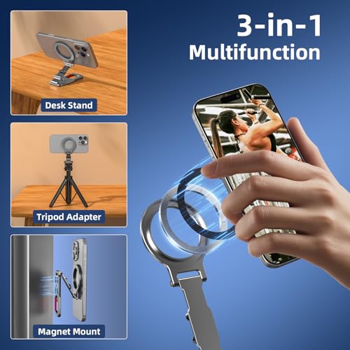 Magnetic Phone Mount for MagSafe, Maglock Tripod Adapter Magnet Golf Gym Workout Stand Metal Carabiner Dual Holder with 1/4 Screw Hole, for iPhone 18 17 16 15 14 Series Foldable Portable Accessories
