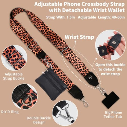 2pcs Clip and Go Strap for Phone with Wallet Crossbody Strap with Pouch - color: Leopard+black