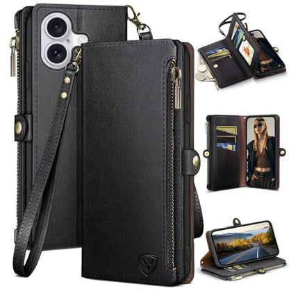 XcaseBar Compatible with iPhone 16 Plus 6.7" Wallet case with Zipper Credit Card Holder【RFID Blocking】,Flip Folio Book PU Leather Phone case Shockproof Cover Women Men for Apple 16 Plus case Black - color: Black