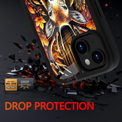 Compatible with iPhone 14 / iPhone 13 Case – Rugged Full-Body Protective Cover for Women Men Dual Layer Shockproof Bumper, Heavy-Duty Phone Case - Deer Fall Maple Leaf 099 - color: Deer Fall Maple Leaf 099
