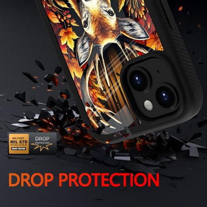 Compatible with iPhone 14 / iPhone 13 Case – Rugged Full-Body Protective Cover for Women Men Dual Layer Shockproof Bumper, Heavy-Duty Phone Case - Deer Fall Maple Leaf 099 - color: Deer Fall Maple Leaf 099