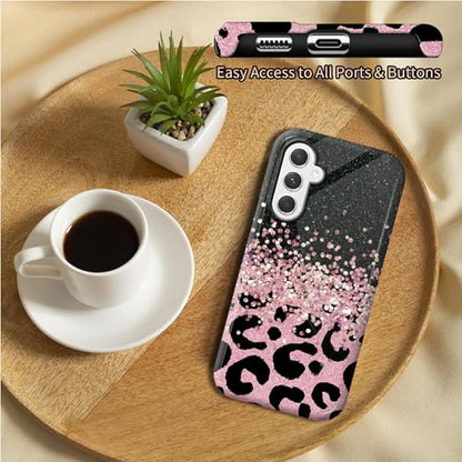 Pink Glitter Leopard Phone Case for Samsung Galaxy S25, Dual Layer Shockproof Rugged Cover with Soft TPU + Hard PC, Anti-Scratch Slim Fit Wireless Charging Compatible - color: Pink Glitter Leopard, size: 6.2" Galaxy S25