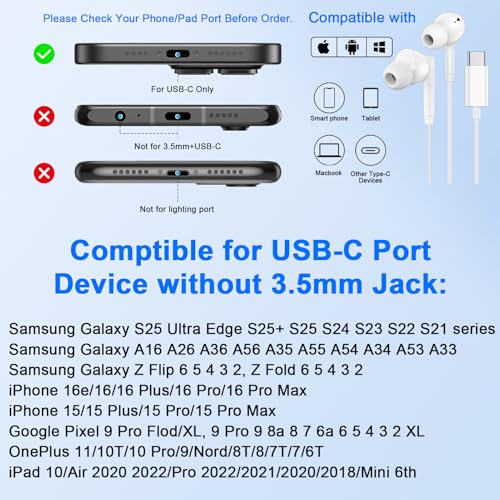 USB C Wired Earbuds Ear Buds for iPhone 17 16 Pro Max 16e 16 Plus 16Pro 15 - color: White