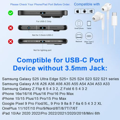 USB C Wired Earbuds Ear Buds for iPhone 17 16 Pro Max 16e 16 Plus 16Pro 15 - color: White