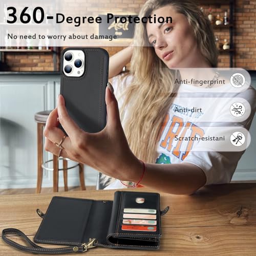 for Wallet Case Compatible with iPhone 15 Pro Max,Multi-Function Detachable 2 in 1 Magnetic iPhone 15 Pro Max Case Wallet,Flip Strap Zipper Card Holder Phone Case with Shoulder Straps (Black) - color: Black, size: iPhone 15 pro max