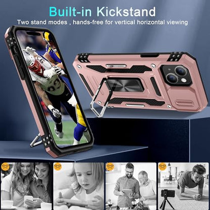 DEERLAMN Case for iPhone 15 with Slide Camera Cover + Screen Protector (2 Packs), Rotated Ring Kickstand Military Grade Shockproof Protective Cover-Rose Gold - color: Rose Gold