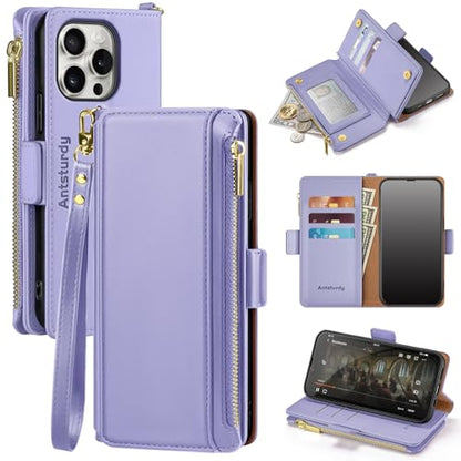 Antsturdy for iPhone 13 Pro Phone Wallet Case Women,Light Purple | RFID Blocking,with Credit Card Holder Slots,PU Leather Purse,Zipper Pocket,Wrist Strap Kickstand,Flip Folio Cover for Men - color: Light Purple