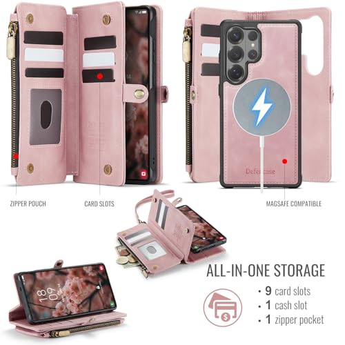 Defencase for Galaxy S26 Ultra Case Wallet Compatible with Magsafe, Pink | Magnetic Detachable, RFID Bolcking Card Holder, Zipper Strap, PU Leather Drop-Proof Phone Cover for Samsung Galaxy S26 Ultra - color: (Detachable with Magsafe)-Pink