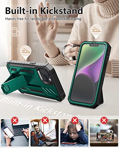 FNTCASE for iPhone 14 Plus Case, Built-in Screen Protector, Kickstand Green | 20FT Military-Grade Drop Protection, Anti-Slip Matte Textured, Rugged Heavy Duty Shockproof TPU Protective Cover - color: Green