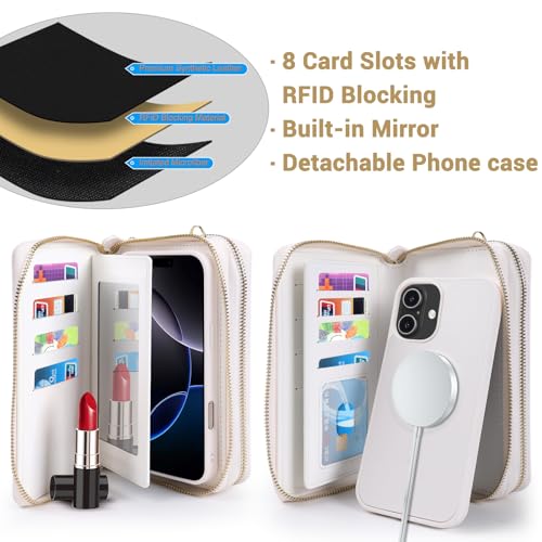 Harryshell Compatible with iPhone 17 Case Wallet Multi Zipper Detachable Removable Cover Purse with RFID Blocking Card Slots Holder Mirror Crossbody Strap (Compatible with Magsafe - White) - color: Compatible with Magsafe - White, size: iPhone 17