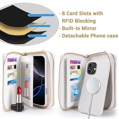 Harryshell Compatible with iPhone 17 Case Wallet Multi Zipper Detachable Removable Cover Purse with RFID Blocking Card Slots Holder Mirror Crossbody Strap (Compatible with Magsafe - White) - color: Compatible with Magsafe - White, size: iPhone 17