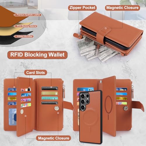 Magnetic Case for Galaxy S25 Ultra Wallet Compatible with Magsafe RFID Blocking Card Holder Detachable Phone Cover Kickstand Snap Strap Zipper Pocket PU Leather (Brown) - color: Brown, size: Galaxy S25 Ultra