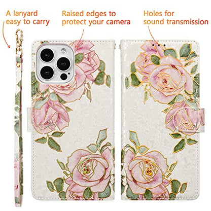 UEEBAI Wallet Case for iPhone 13 Pro Max, PU Leather Phone Cover Kickstand RFID Blocking Flip Case Card Slots Wrist Strap Relief Engraved Pattern Magnetic Closure Flower Folio Wallet, White Rose - color: White Rose, size: iPhone 13 Pro Max