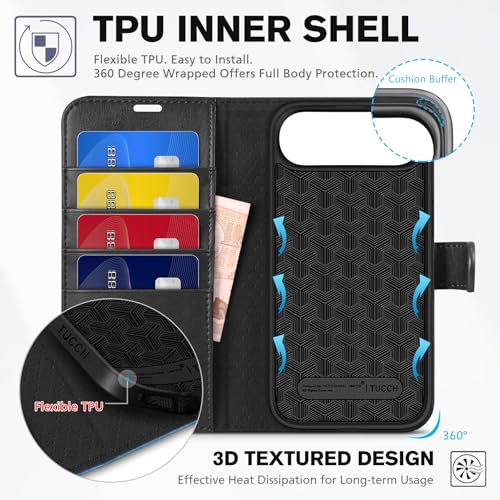 TUCCH Wallet Case for iPhone Air 6.5" 2025, Flip Stand, Black & Light Blue | RFID Blocking, 4 Card Holders, Kickstand, PU Leather, Shockproof TPU Shell, Magnetic Closure, Protective Folio Cover - color: Two-tone Black & Light Blue