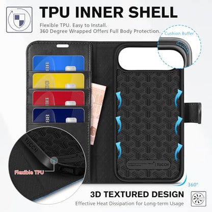 TUCCH Wallet Case for iPhone Air 6.5" 2025, Flip Stand, Black & Light Blue | RFID Blocking, 4 Card Holders, Kickstand, PU Leather, Shockproof TPU Shell, Magnetic Closure, Protective Folio Cover - color: Two-tone Black & Light Blue