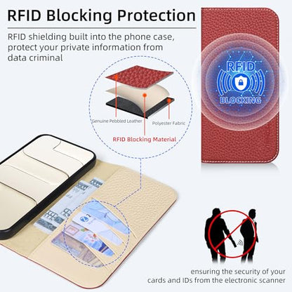 VISOUL Pebbled Leather Wallet Case for iPhone 17 Pro Max 6.9" 2025, Genuine Leather Flip Folio Cover with RFID Blocking Card Holders, Kickstand, Soft TPU Protective Flip Cover -Red+Milky White - color: Red+Milky White