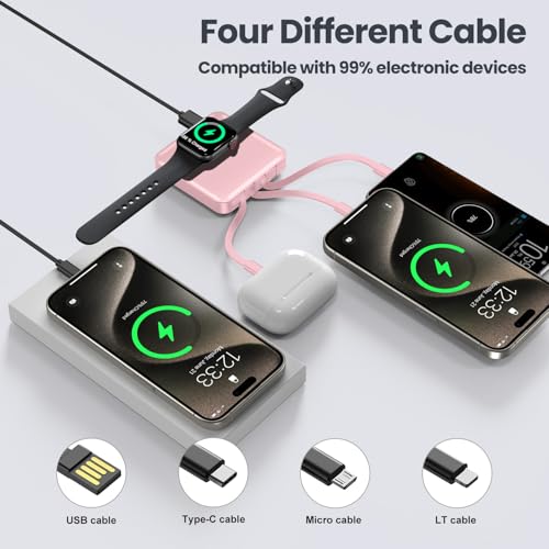 Mini Portable Charger for iWatch 12000mAh, Power Bank with Built-in Cables - color: Rose Pink